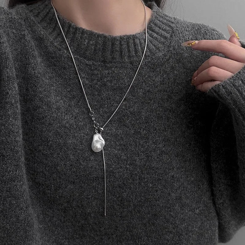 LATS Stainless Steel Long with Baroque Pearls Necklace for Women Adjustable Chain Sweater Accessories Fashion Jewelry