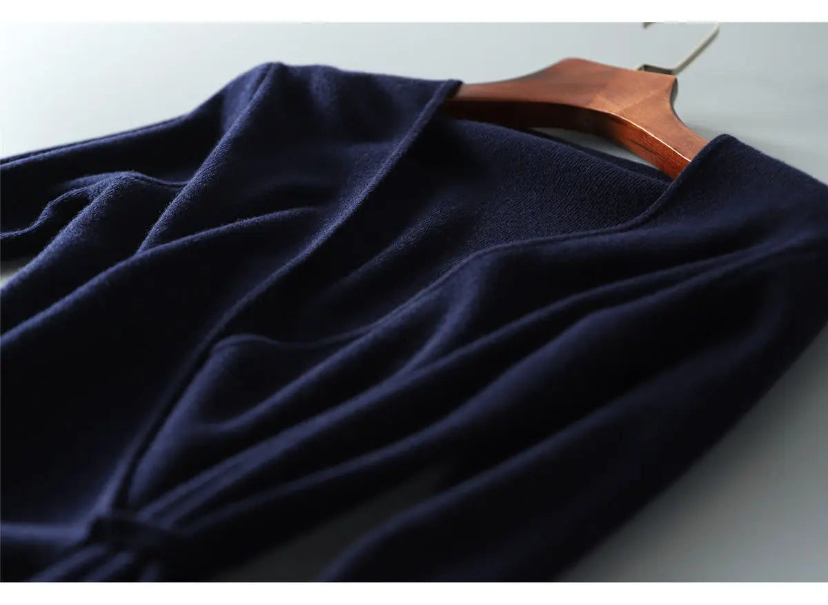 Women Elegant Wrap V Neck Knit Dress Long Sleeve Self Tie Belt Midi Sweater Dress Dark Navy Slim Office Ladies Autumn Winter Kni