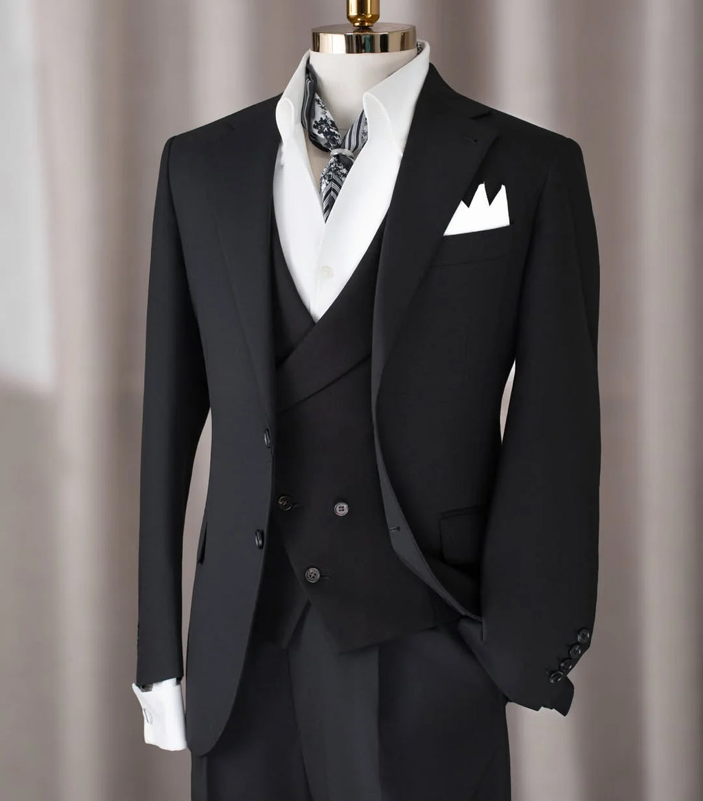 Herrenanzug, 3-teilig, Schwarz, mit zweireihiger Weste, Sakko und Hose, Slim Fit, formeller Business- und Hochzeitsanzug für den Bräutigam, Smoking, individuell anpassbar