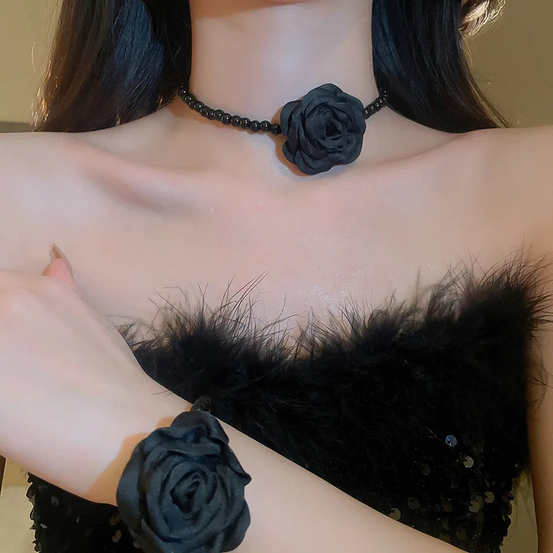 4 Pcs Jewelry Sets for Women Fabric Flowers Necklace Bracelet Earrings French Fashion Retro Style Girl Party Accessories Set