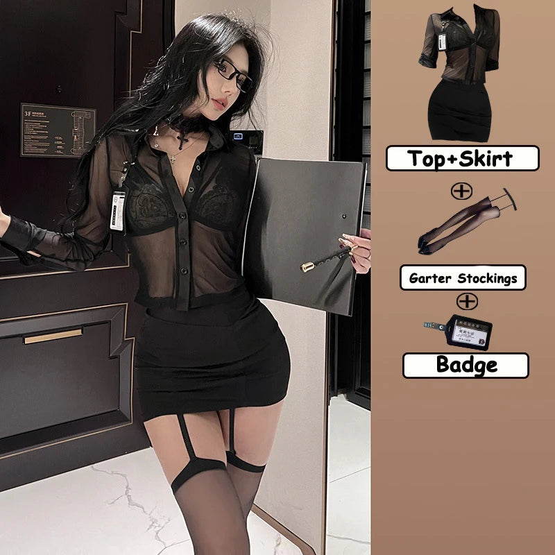 Women's Office OL Secretary Cosplay Costume Teacher Set Sheer Mesh Shirt & Bodycon Skirt with Garter Stockings for Themed Party