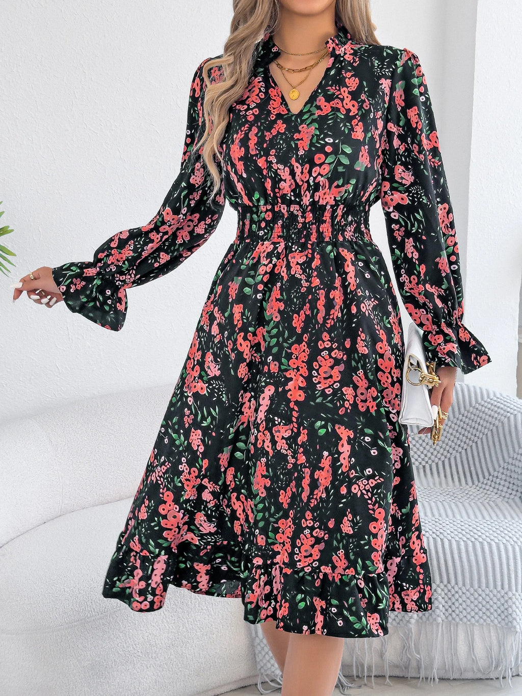 Elegant Floral Print Dresses for Women 2026 Autumn Winter Casual V Neck Flare Long Sleeve Ruffled A Line Dress