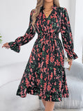 Elegant Floral Print Dresses for Women 2026 Autumn Winter Casual V Neck Flare Long Sleeve Ruffled A Line Dress