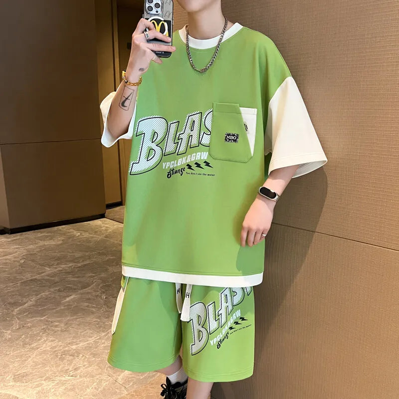 Men's 2-Piece Summer Streetwear Fashion Set - Short Sleeved T-Shirts & Knee-Length Shorts Casual Tops Tees And Pants for Youth