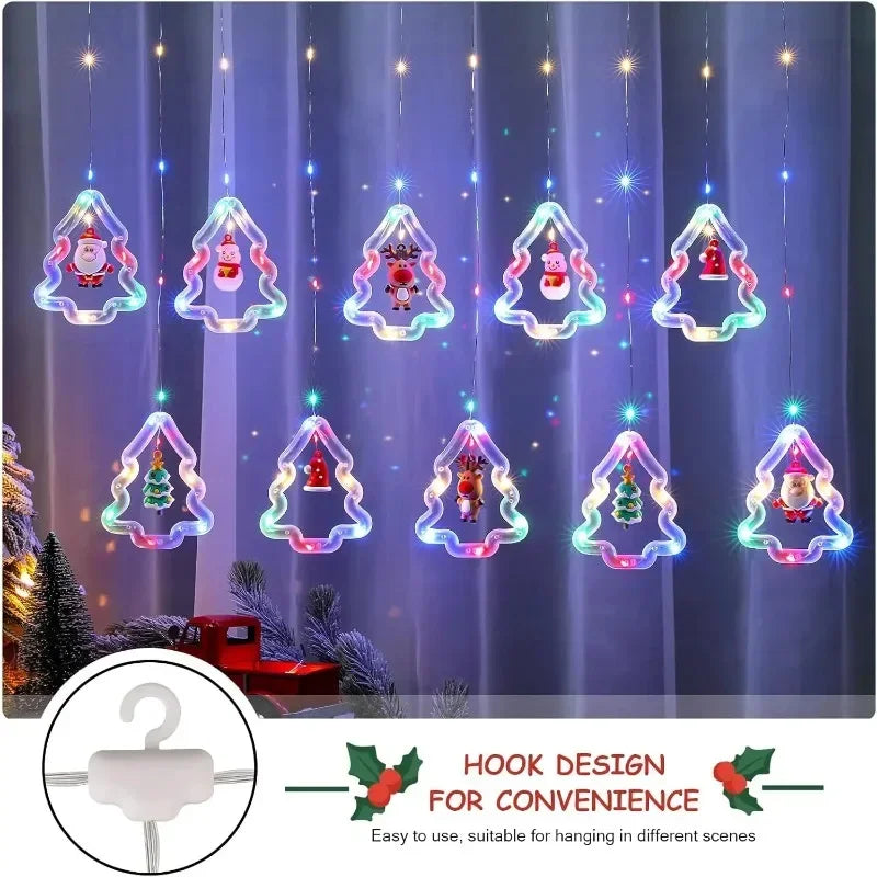 Xmas Curtain LED String Lights Santa Claus Hanging Charm for Window Display Home Party Indoor Outdoor Celebration Decoration
