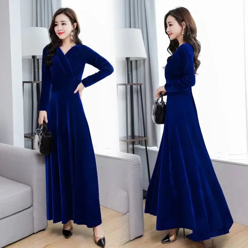 Golden Velvet Dress For Women Spring Autumn New Fashion Sexy V-Neck Long Sleeve Dress Lady Party Evening Dresses Long Vestidos