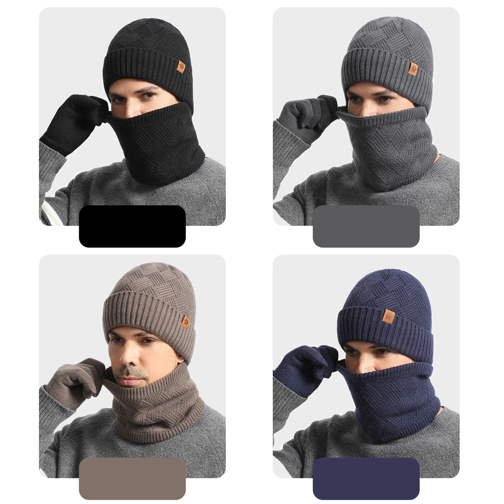 Men Winter Beanie Neck Gaiter Gloves 3-Piece Set Stretchy Thermal Fleece Outdoor Soft Knit Hat Neck Warmer Gloves Set Daily Wear