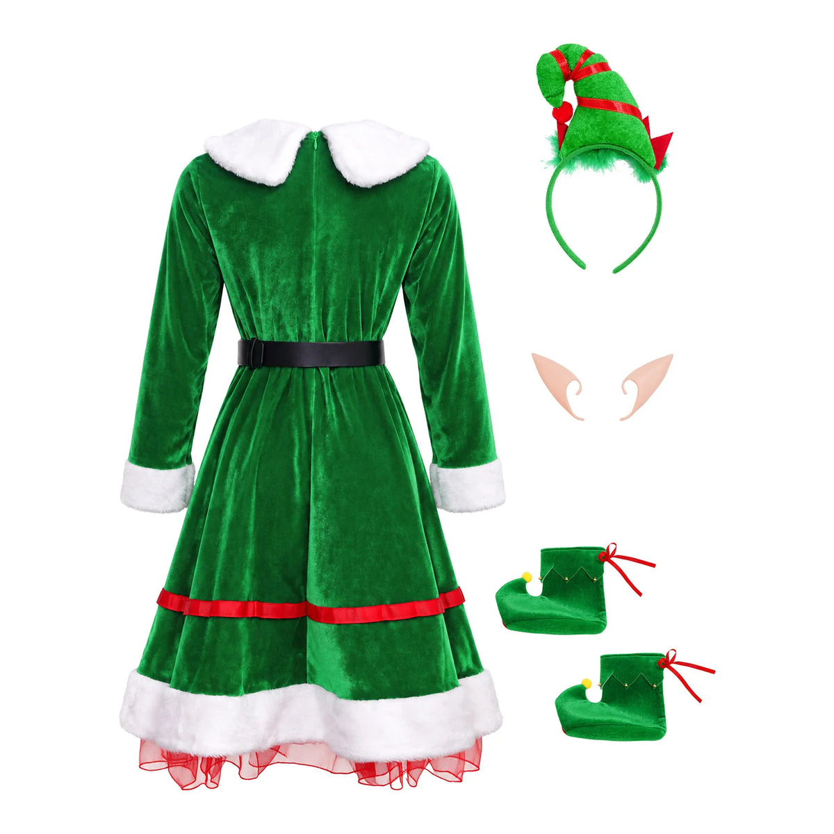 Women Green Velvet Elf Dress Xmas Santa Helper Cosplay Costume Elf Cosplay Outfit for Christmas Carnival Fancy Dress Party