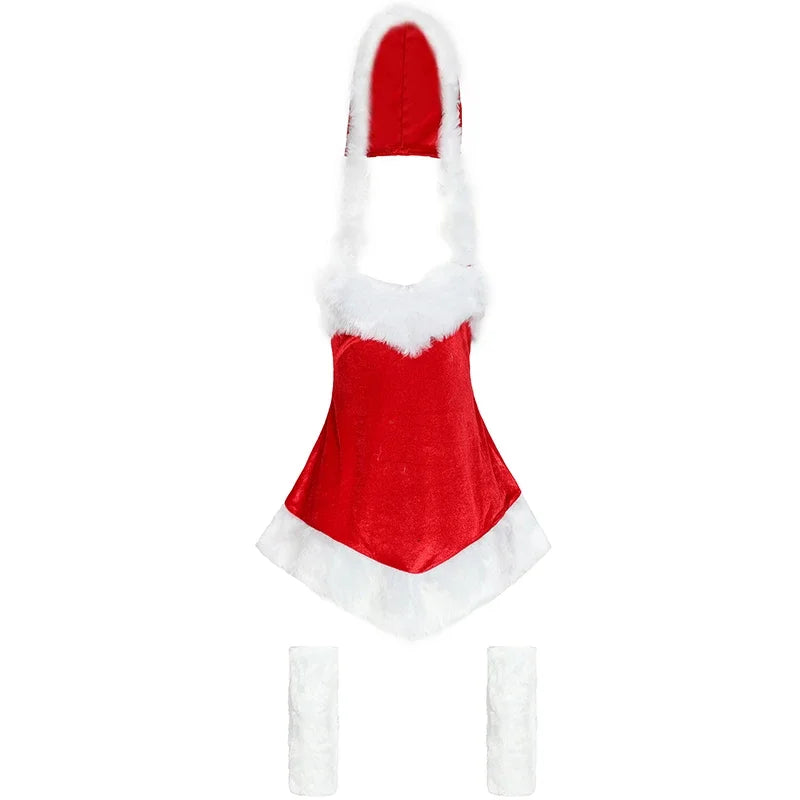 Women Red Velvet Christmas Party Dress Santa Claus Cosplay Costume New Year Masquerade Party Costumes Sexy Sweet Fancy Dresses