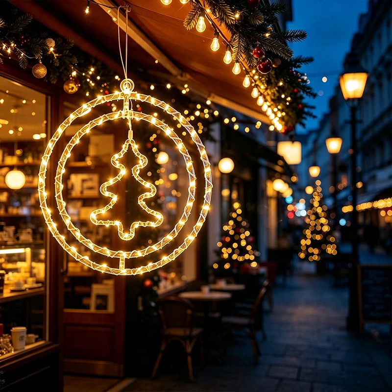Christmas Hanging Wreath Light Warm White LED Circular Hanging Ornament Light with Inner Christmas Tree Pattern 32cm Window Wall