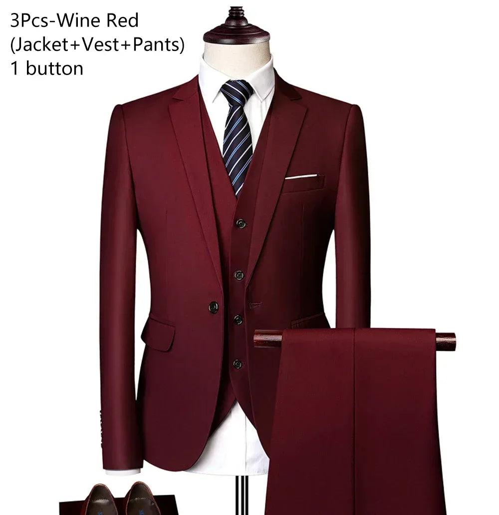Elegant Suits For Men 3 Pieces 2 Set Fashion Classic Casual Full Jackets Vest Pants Blazers Outfit 2026 Formal Costume