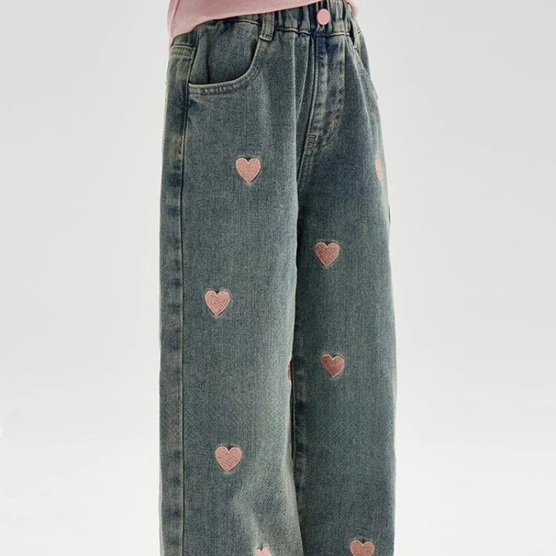 Pants Girls Spring Autumn New Trousers Straight Leg Wide Leg Jeans Childrens Jeans Middle Childrens Heart 2025