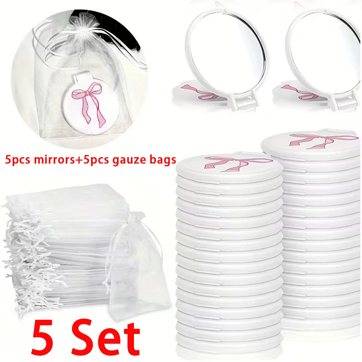 5 Sets Pink Bow Mini Pocket Mirror - Vanity Accessories For Women, Birthday Party Favors, Wedding Anniversary Bridal Shower Gift