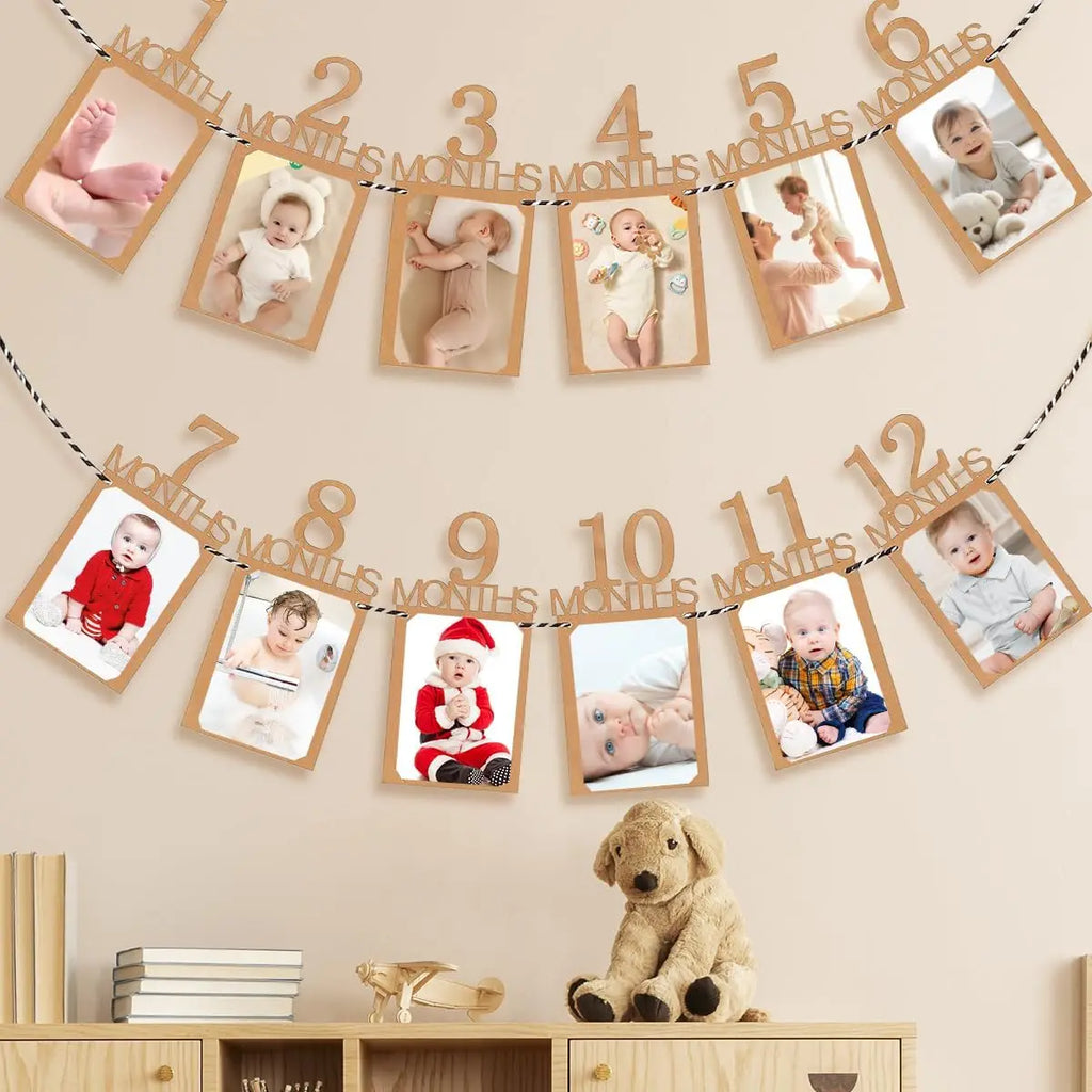 Baby First Birthday Banner, kraft Paper Growth Record 1-12 Month Photo Props Baby Boy Girl Party Decoration Supplies