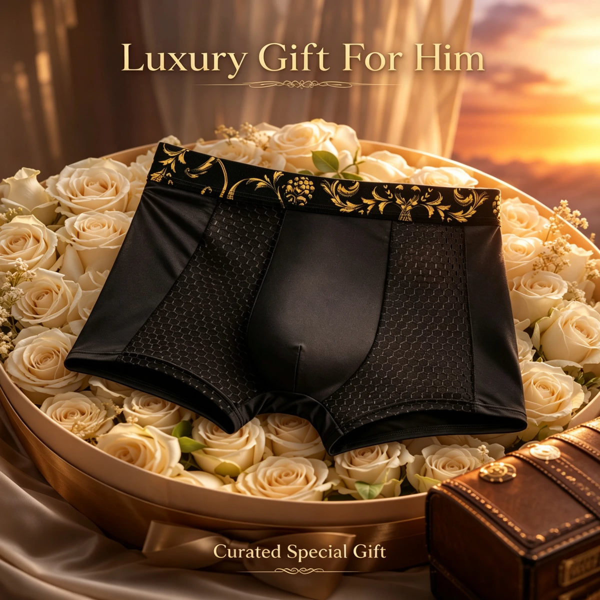Men Boxer Briefs Luxury Golden Floral Printed Waistband Mesh Breathable Soft Smooth Underwear Men Daily Casual Wear 1/3Pcs Set