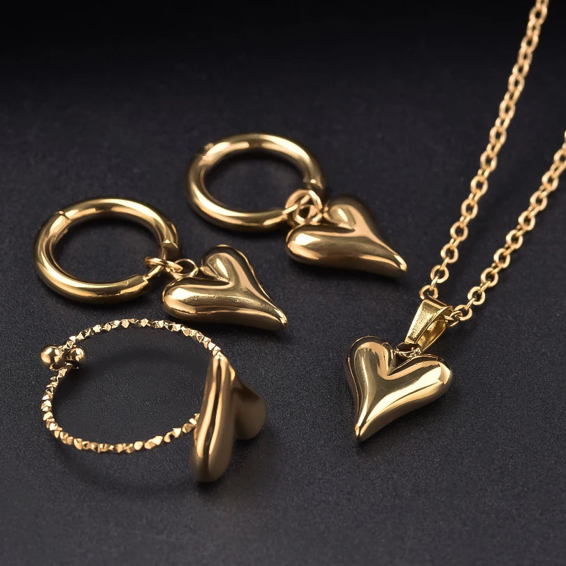 100% Stainless Steel Heart Jewelry Set For Women Accessories Cute Girl Supplies Love Earrings/Rings/Necklace Fashion Party Gift
