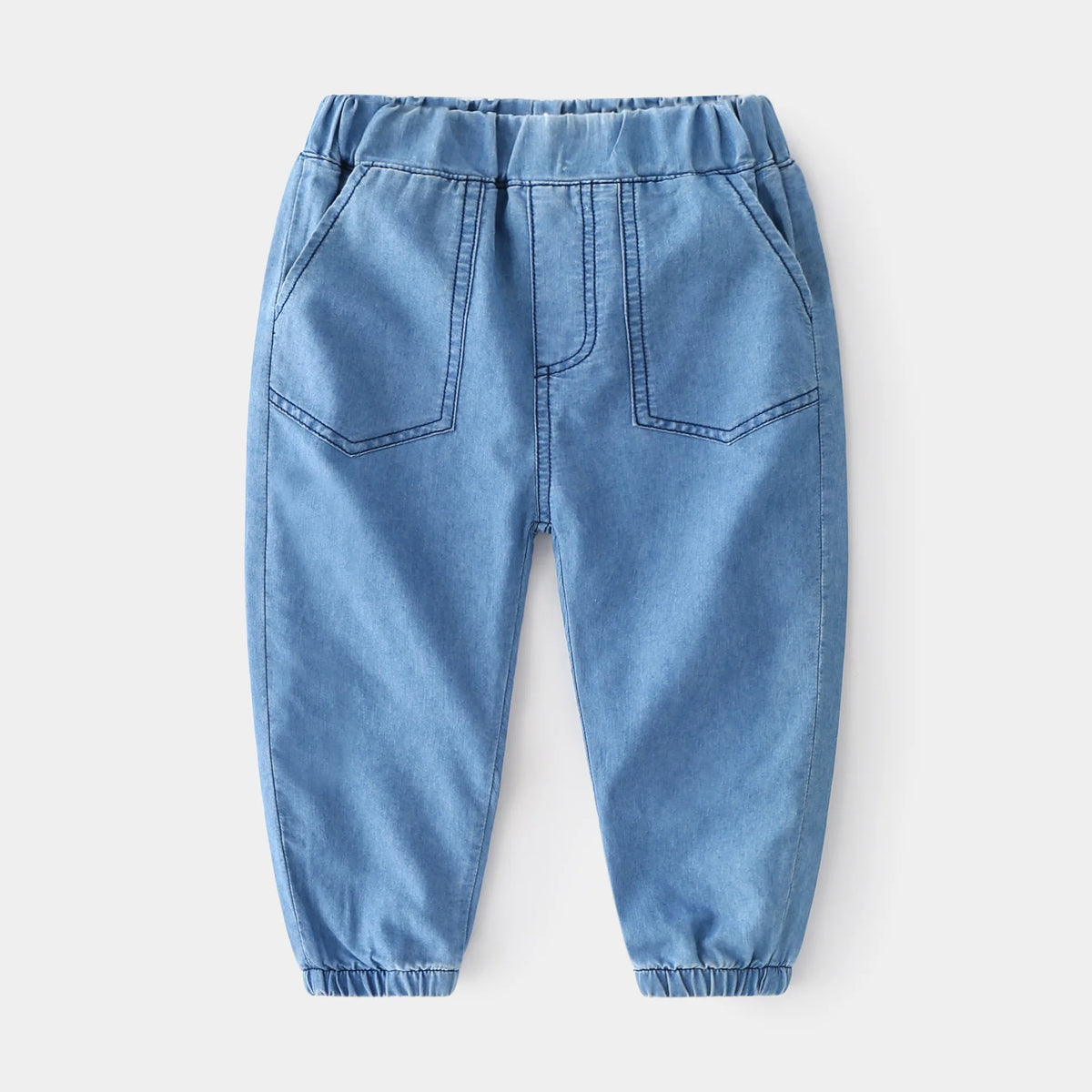 1-6Y Kids Boys Jeans Korean 2026 Spring Elastic Waist Denim Pants with Pockets Stylish Soft Autumn Casual Solid Color Trousers