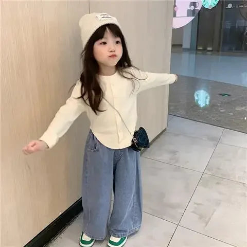 Kids' Clothing 1PCS Children's Denim Pants Girls' Baby Clothes Korean Bottoming Shirts Casual Jeans Girls Wide-leg Pants Tops