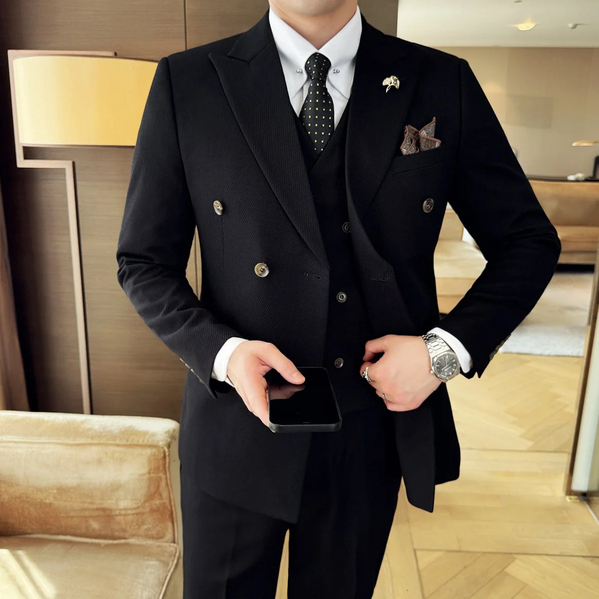 Men Wedding Suit 3 Piece Double-breasted Korean Slim Fit Formal Banquet Business Suit Luxury Groom Tuxedo Fit Evening Wear