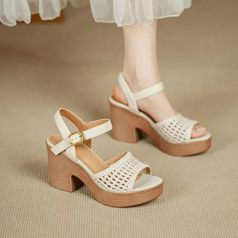 Women's High Heels Sandals Summer Elegant Hollow Braided Chunky Pumps Fashion Ankle Straps Versatile Vacation Casual Beach Shoes