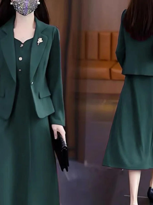 Women's Suit Coat Set Dress Thin Long Sleeve Two-Piece Set Spring Autumn High Waist A-Line Skirt Korean Style Commute Fashion