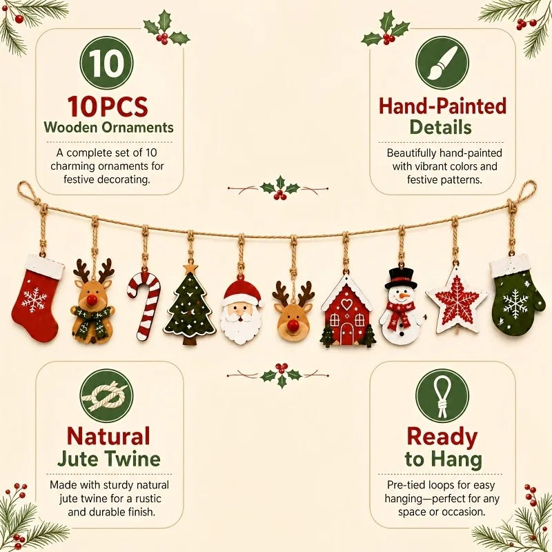 10 pieces Christmas wood decoration, Santa Claus, reindeer, Christmas tree, stars, etc., winter/Christmas house party decoration