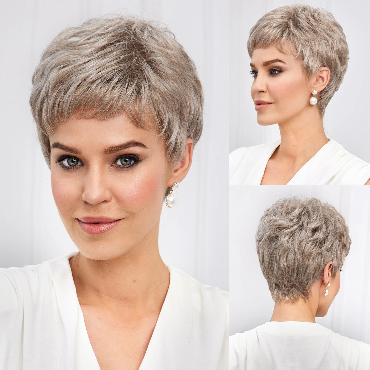 Short Pixie Cut Ash Blonde Wigs for Women with Bangs Blonde Natural Layered Blend Hair Kanekalon Human Hairs Like Texture Wigs