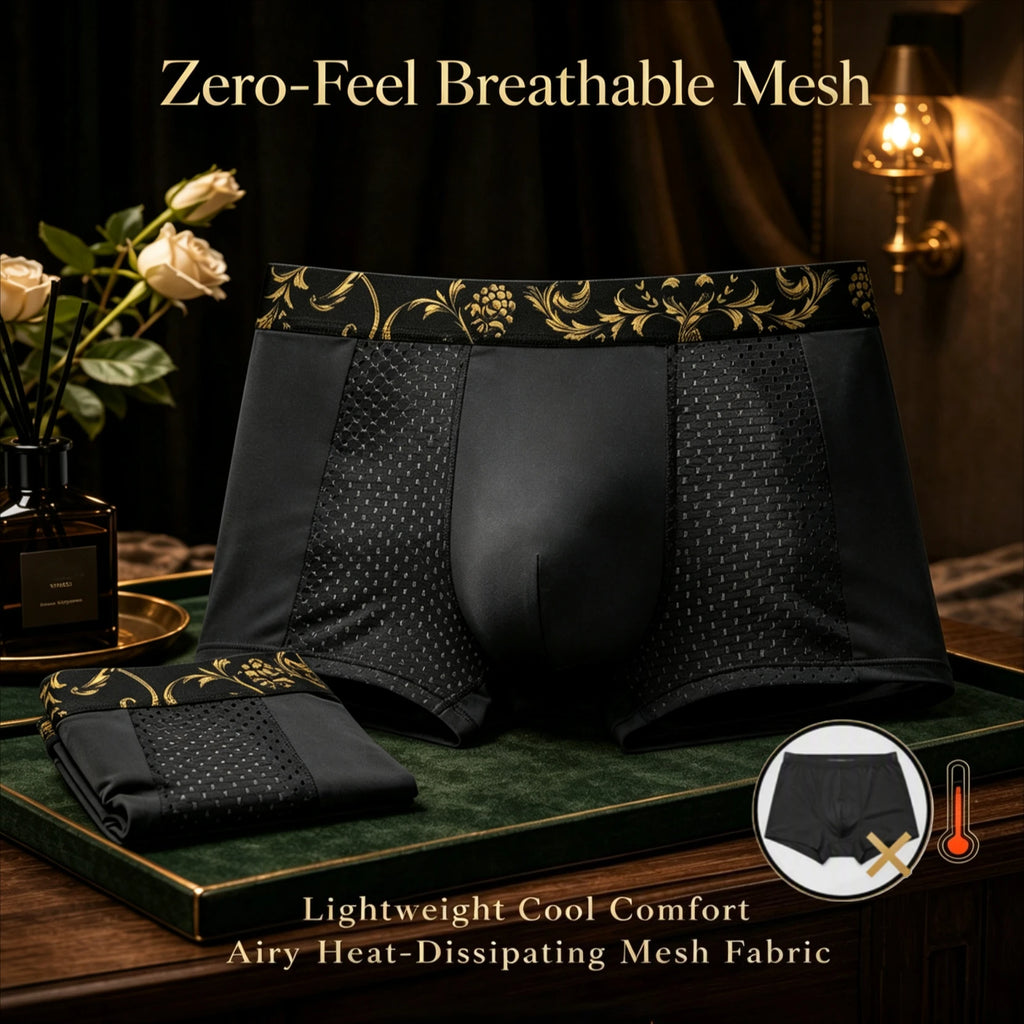 Men Boxer Briefs Luxury Golden Floral Printed Waistband Mesh Breathable Soft Smooth Underwear Men Daily Casual Wear 1/3Pcs Set