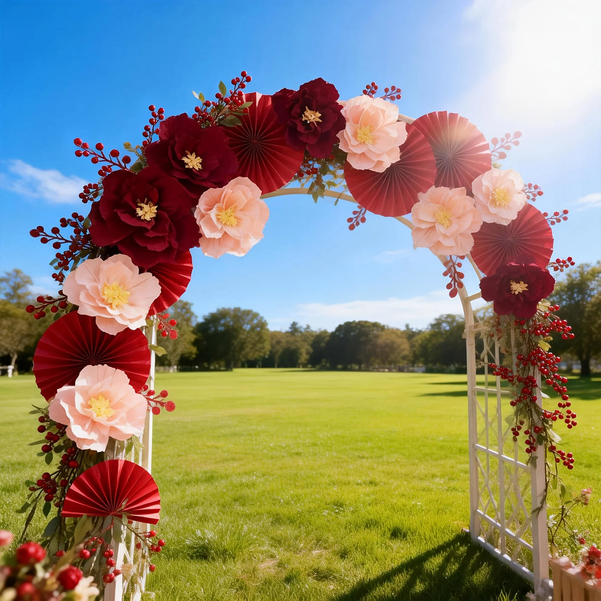 11pcs Large Size Red and Pink Contrast Paper Flower Fan Set, Essential for Wedding, Engagement Party Background Wall Decoration,