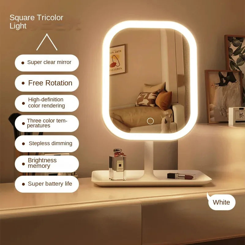 1Pcs Pink Modern Desktop Vanity Mirror 3 Color Light LED Makeup Mirror Touching Mirror Women Bedroom Dressing Mirror