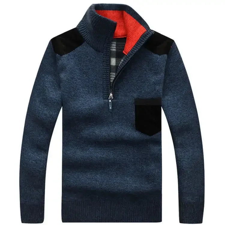 Men's Winter Sweaters Stand Collar Half Zipper Knitted Fleece Pullovers Long Sleeve Pocket Casual Jumper Thick Clothing for Men