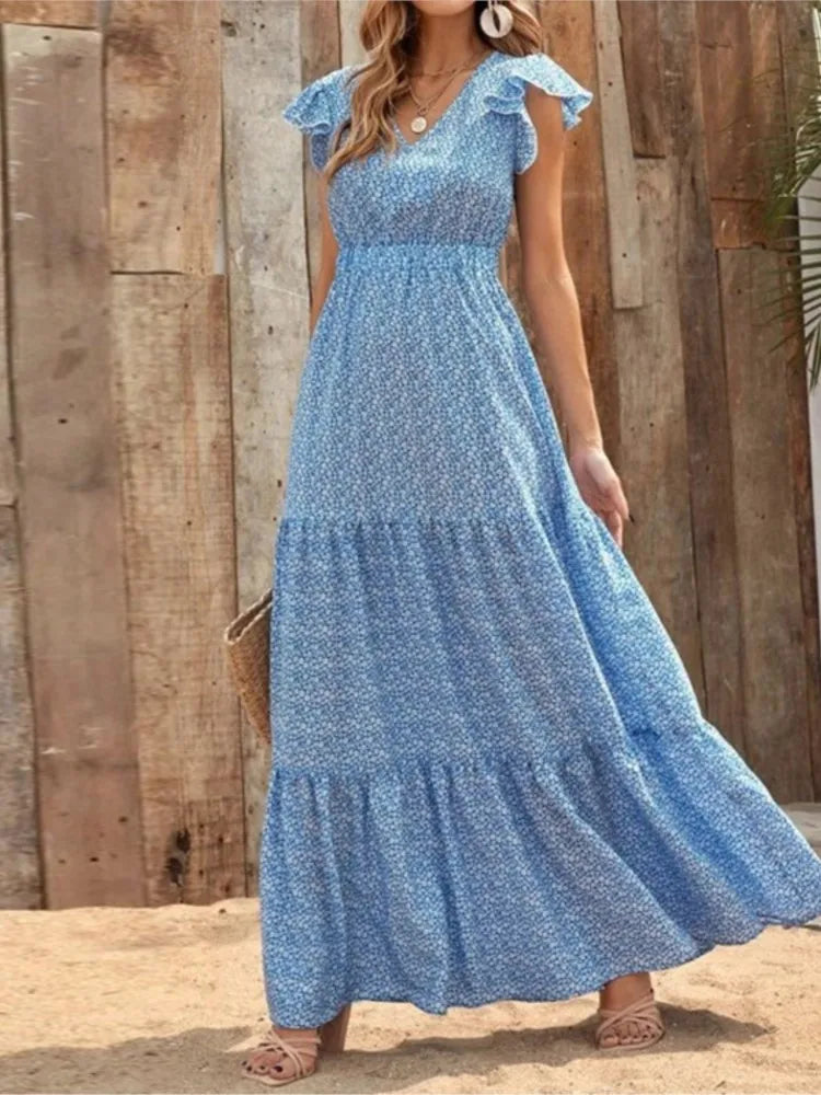 Casual V Neck Print Dress For Women Fashion Boho Holiday Beach Dresses Robe Femme Elegant High Waist Loose Skirt Womens Clothing