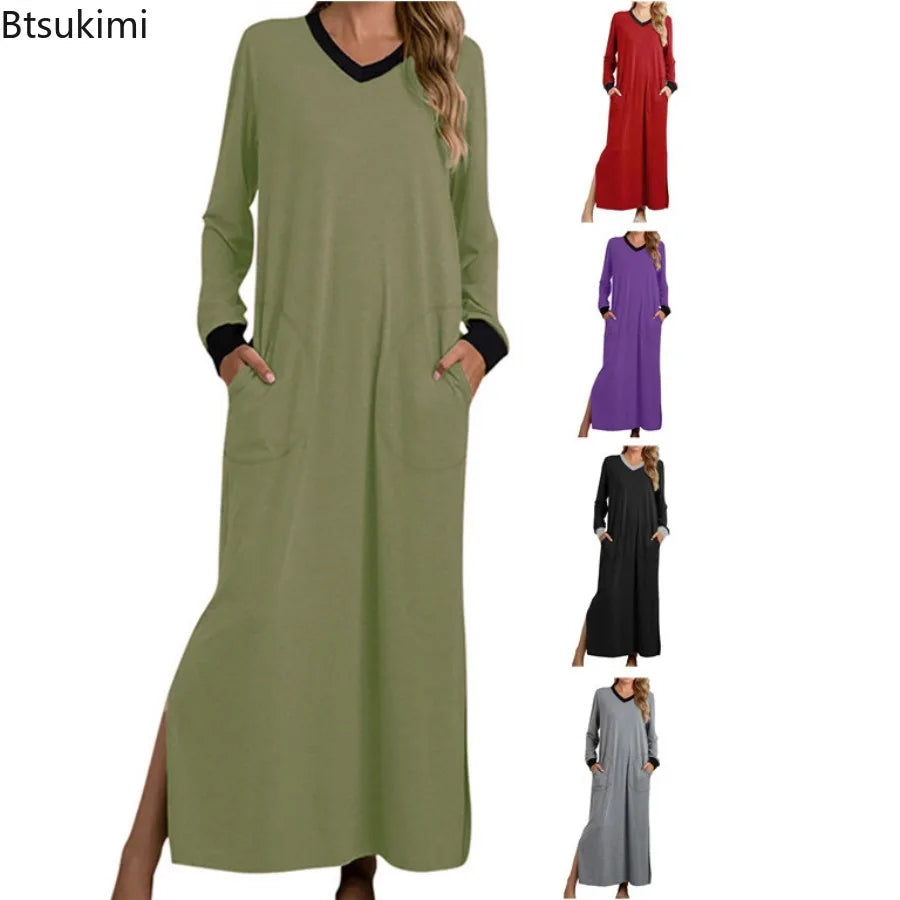 Women's Nightgowns V-Neck Long Sleeve Pajamas with Pocket Solid Color Long Dresses Sleepshirts for Women Soft Nightwear Robes