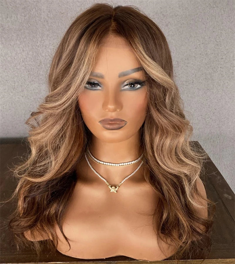 High Quality Synthetic Wig 13x4 Balayage Ombre Brown Blonde Wig with Dark Roots Synthetic Mix Human Hair Wig Preplucked Hairline