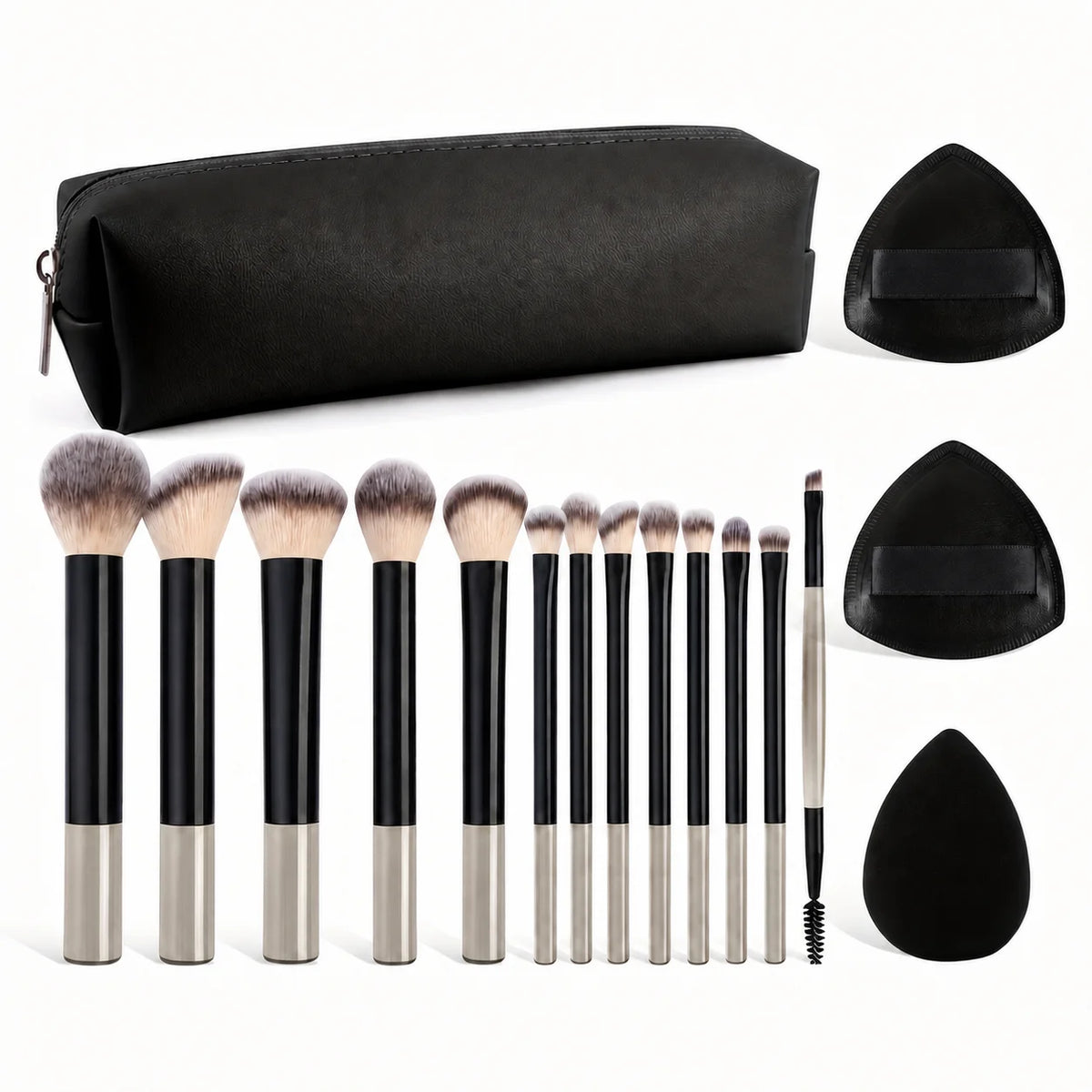 17PCS Professional Makeup Kit Including 13 Aluminum Brushes, Carry Bag & 3 Sponge Puffs, Powder, Eyeshadow, Blush and Detail Too