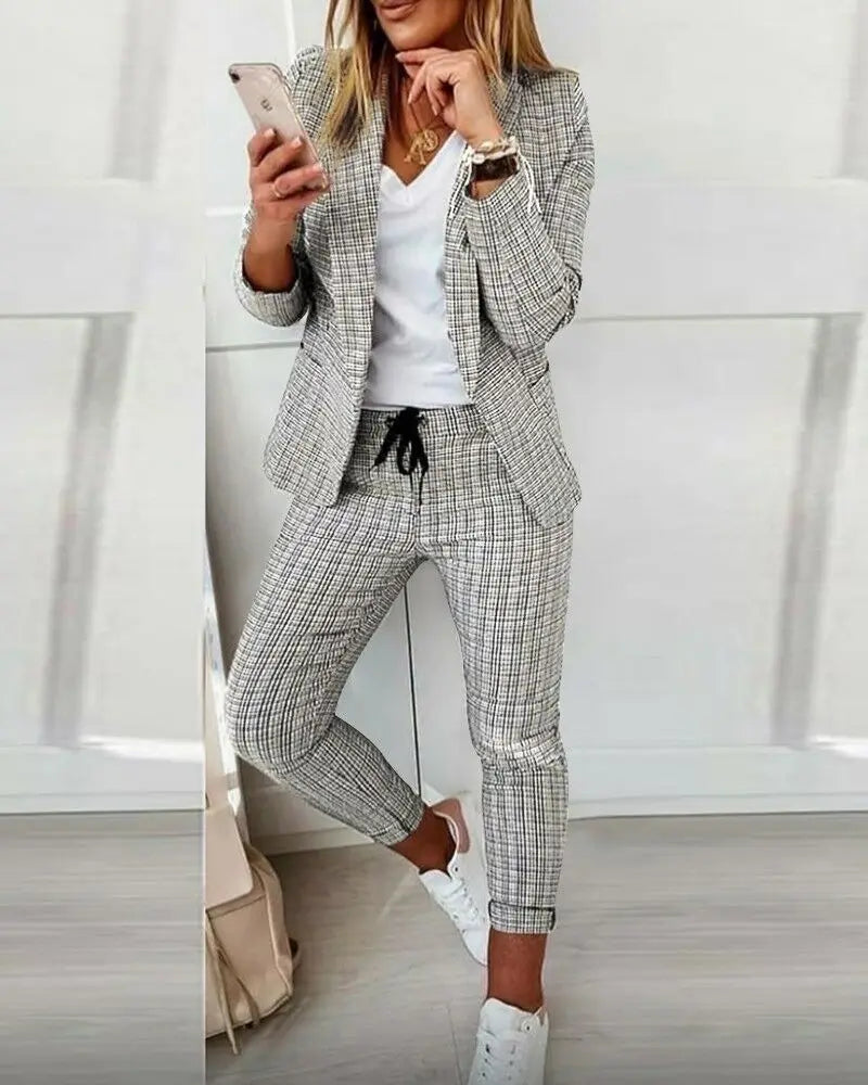 Two Piece Set Women Outfit Office Ladies 2023 Autumn Plaid Print Long Sleeve Elegant Blazer Coats & Drawstring Work Pants Set