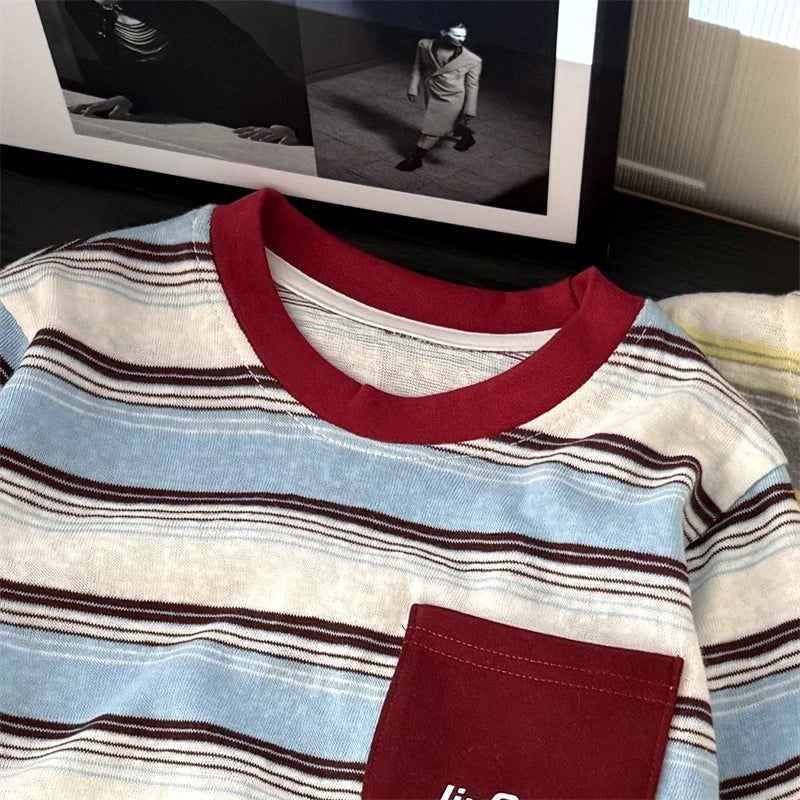 Kids Long Sleeve T-shirt New Retro Striped Cotton Shirt Spring Autumn Casual Top With Pocket for Baby Toddler Boys Girls