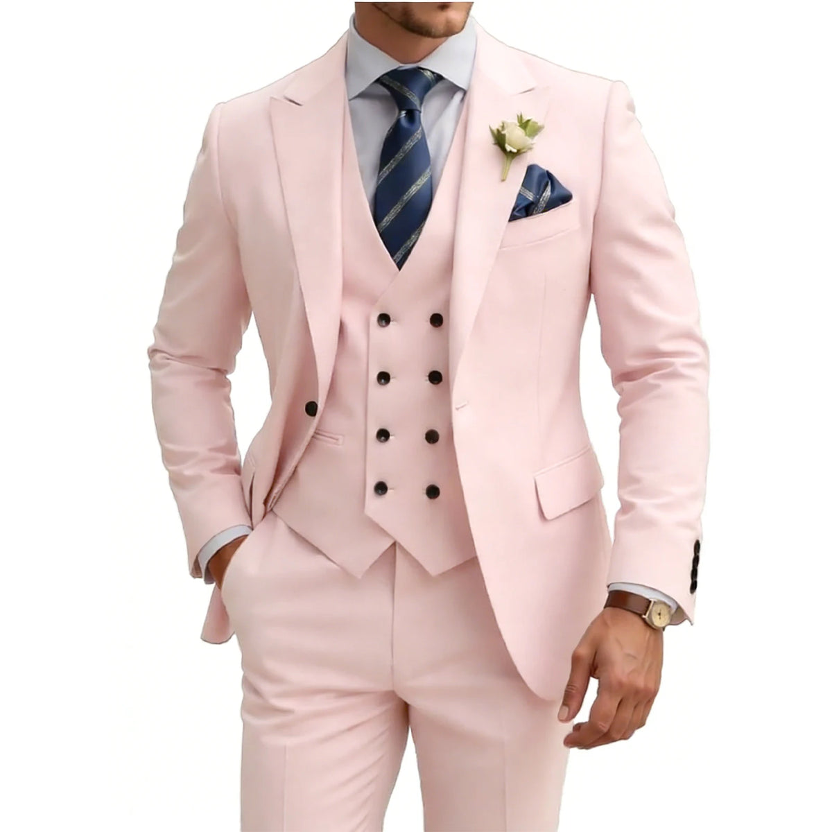 Mens 3 Piece Slim Fit For Men Double Breasted Suit Wedding Prom Suits Formal Business Dinner Tuxedo