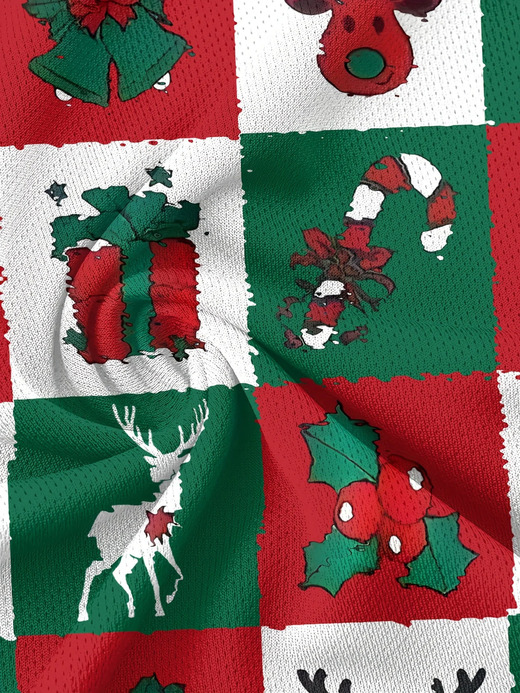 Kids Fashion Christmas Print T‑Shirt, Red‑Green Check Xmas Elements Art Short Sleeve Crew Neck Holiday Casual Tee