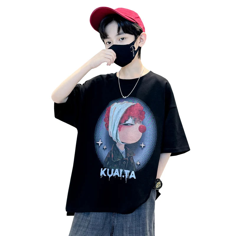 Kids Boys T-Shirt Summer Cotton Tops Teenager Cartoon Pattern Loose Fashion Tees Tshirts Short Sleeve Child Tee Tops Clothing