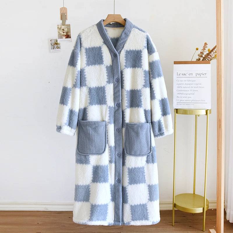 Thickened Flannel Sleep Robe Women's V-neck Long Sleeve Bathrobe Coral Fleece Plaid Midi Nightgown Winter Home Leisure Wear