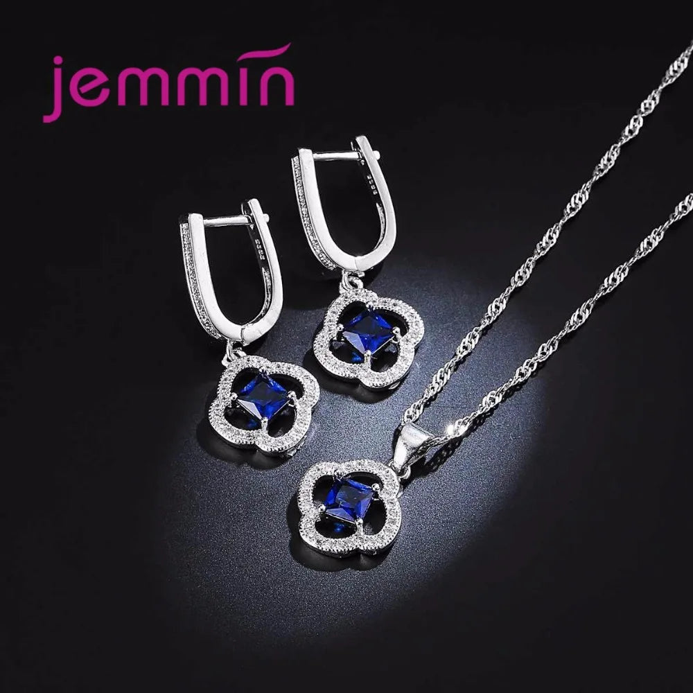 Women Jewelry Set Trendy 925 Silver  Cubic Zirconia Pendants Necklace Dangle Earrings Set For Engagement Wedding Accessory
