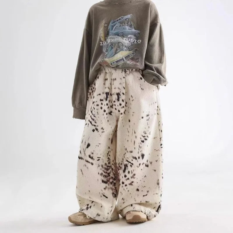 Korean Style  Boys Jeans Spring Autumn Kids Apricot Leopard Print Casual Wide Leg Pants Children Versatile Trousers 3-11Y