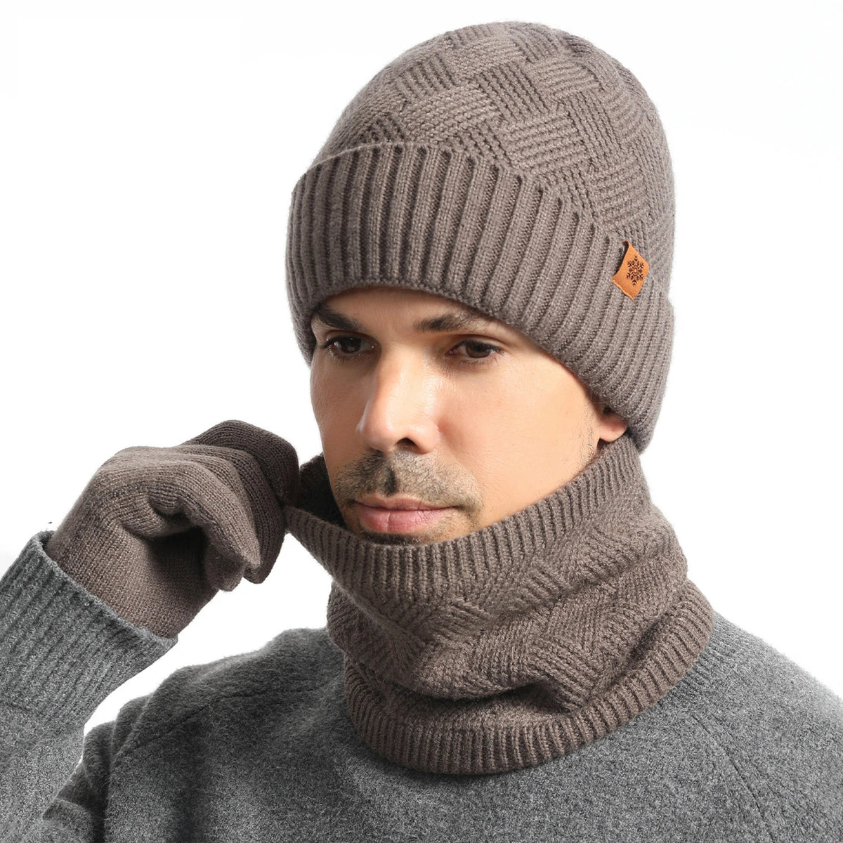 Men Winter Beanie Neck Gaiter Gloves 3-Piece Set Stretchy Thermal Fleece Outdoor Soft Knit Hat Neck Warmer Gloves Set Daily Wear