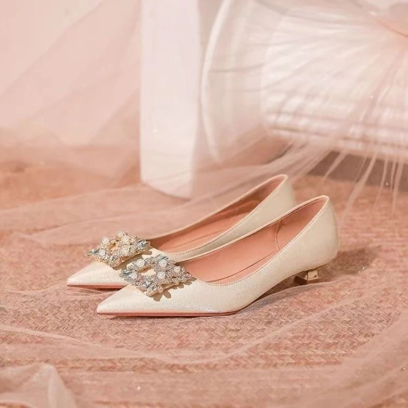 2025 New Women's Wedding Shoes Silk Pumps Pointed Toe Boat Shoes Square Rhinestone Low Heels Dress Shoes Velvet Zapatos
