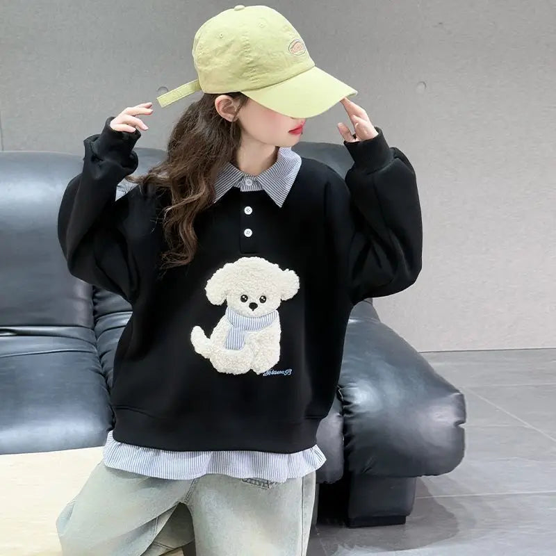 Sweatshirt Girls' 2025 New Faux Two-Piece Polo Hoodie Spring/Autumn Kids Medium-Large Loose Fit Cartoon Puppy Top