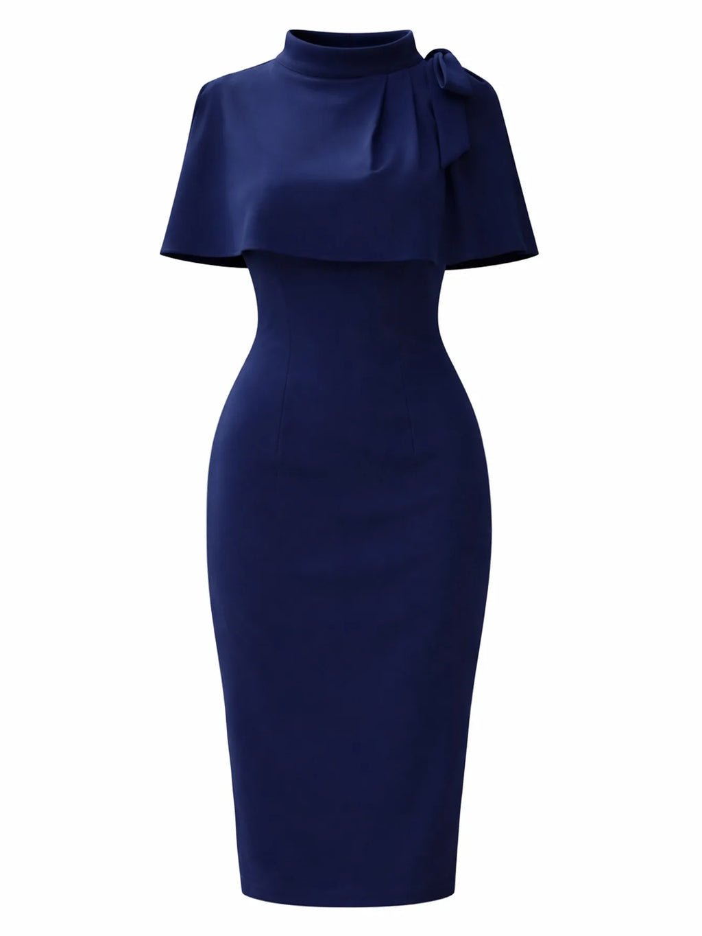 Women Elegant  High Neck Summer Knee Length Bodycon Dress Bow Shoulder Detail Slim Fit Pencil Dress Office Work Party Wear