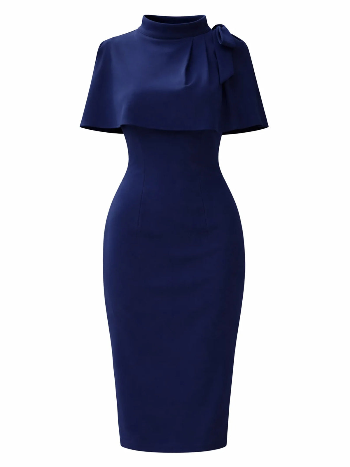 Women Elegant  High Neck Summer Knee Length Bodycon Dress Bow Shoulder Detail Slim Fit Pencil Dress Office Work Party Wear