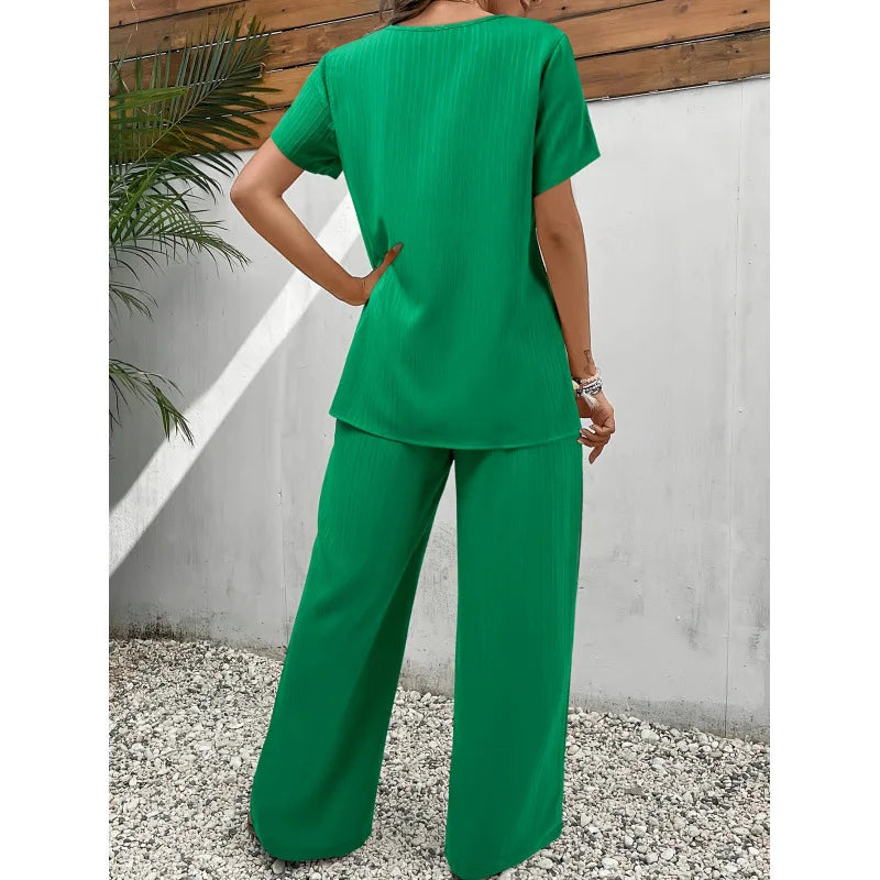 Neues elegantes Damen-Set für Büro und Freizeit mit Bluse mit unregelmäßigen kurzen Ärmeln und weiter langer Hose, zweiteiliges Outfit für Damen