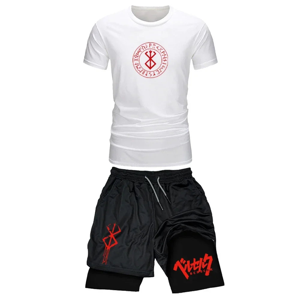 Men's Sports Streetwear Summer Breathable Casual T-shirt Set Outdoor Fitness 2-in-1 Compression Shorts Workout Track Clothes